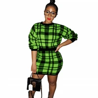 ladies slim sexy short skirt set 2022 winter new style plaid casual ladies thick long sleeve sweater hip skirt two piece set