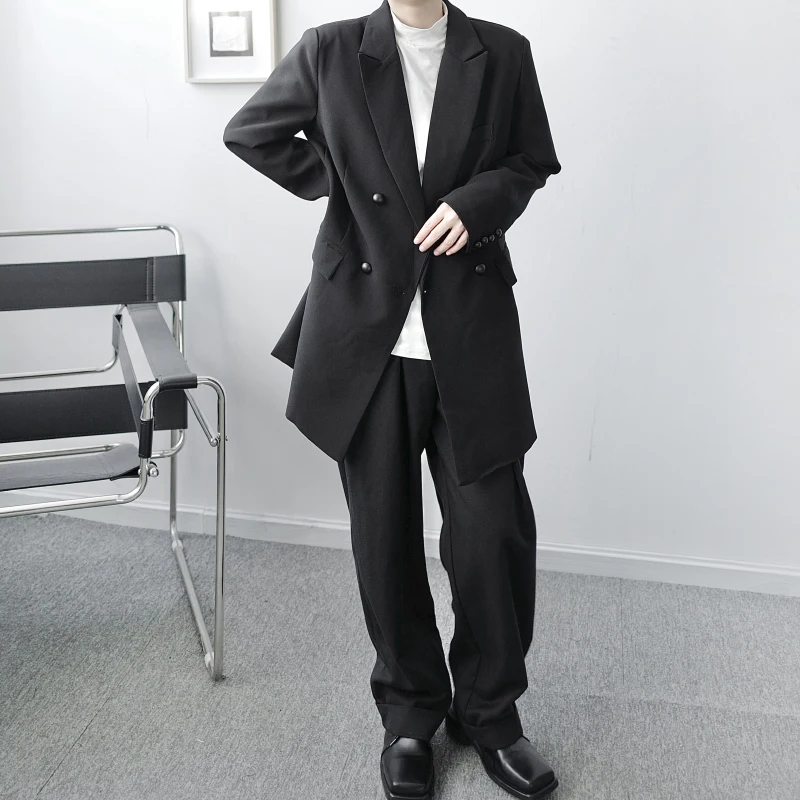 

Male Streetwear Vintage Fashion Suit Coat Outerwear Men Double Breasted Casual Black White Suit Blazers Jacket