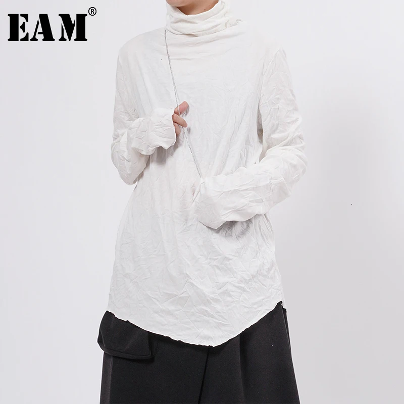 [EAM] Женская короткая футболка с разрезом, новинка, высокий воротник, длинный рукав, модный стиль, весна-осень, 1K300