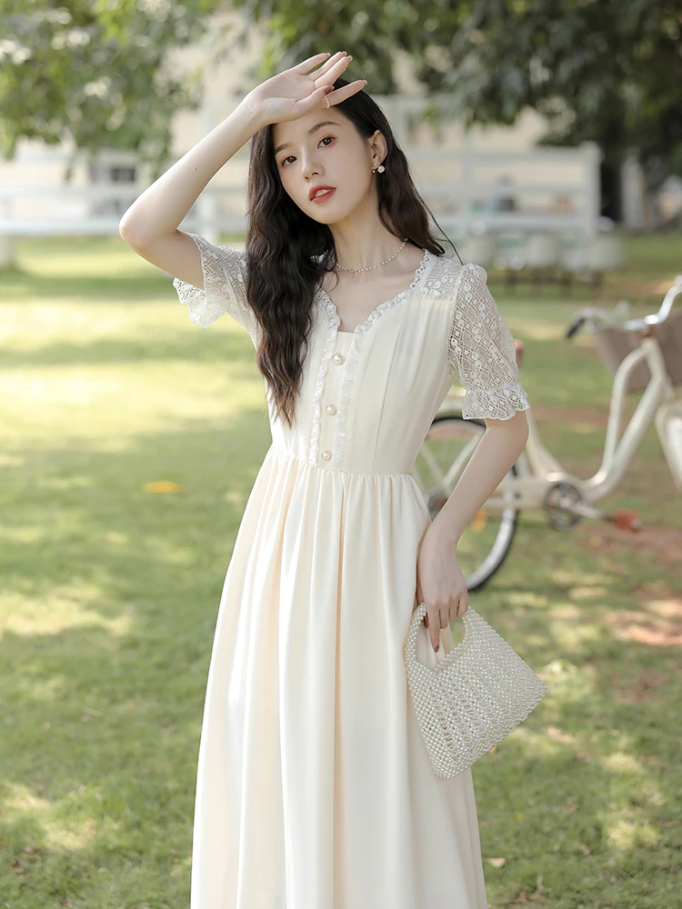 

Apricot Temperament Small Long A-line Skirt French First Love Sweet Gentle Wind Puff Sleeve Tea Break Dress Female New Summer