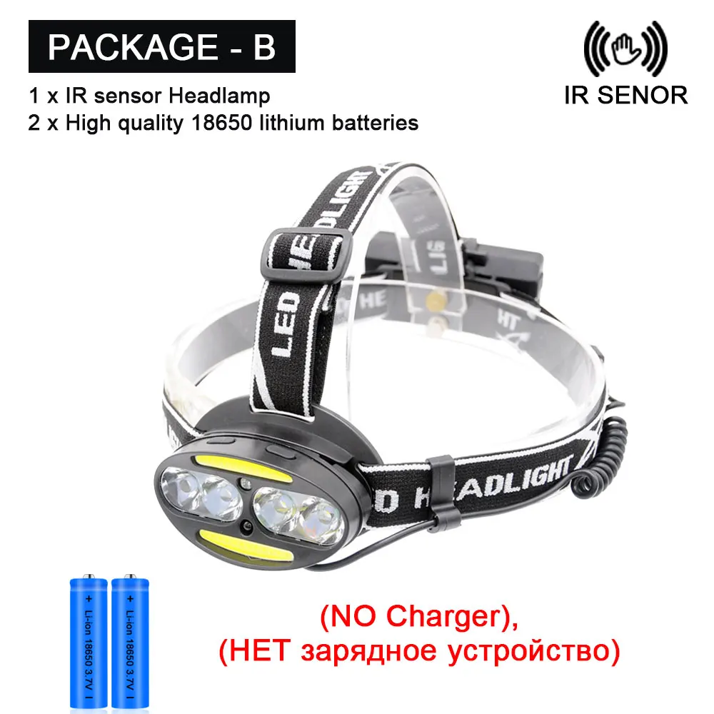 Package B Налобный фонарь супер яркий супер люмен фара 4* T6+ 2* COB+ 2* красный светодиодный налобный фонарь Lanterna с зарядным устройством - Испускаемый цвет: Package B