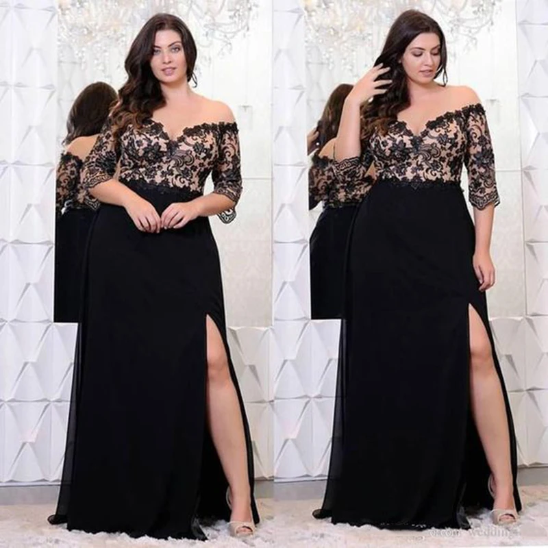 

Plus Size Evening Dress Black Off Shoulder Lace Prom Dresses With Sleeves Side Split Formal Mother of the Bride Party Dresses