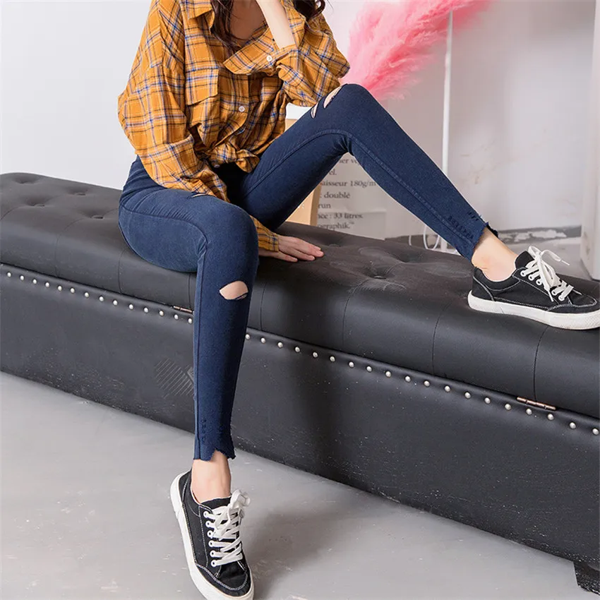 M-5XL Plus Size Hole Ripped Jeans Women High Waisted Black Pencil Pants Oversized Daily Trousers Spring Summer Pantalon Femme | Женская