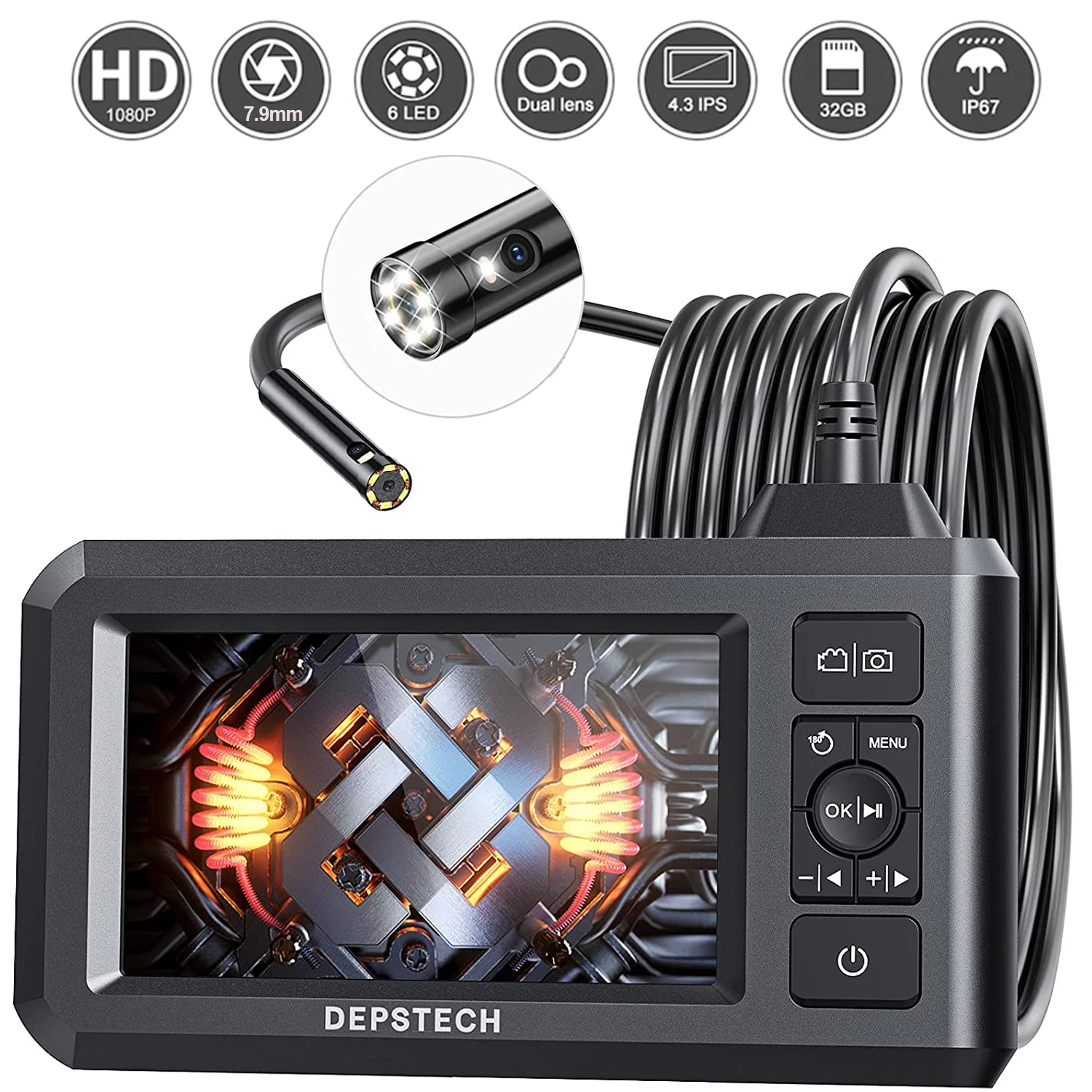 

Endoscope Camera 1080P Dual/Single Lens with 32GB Card/4.3" LCD Screen/6 LED/5m Semi-Rigid Cable Video Screen Endoscope for Car