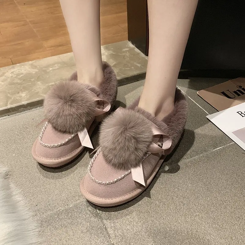 

Bow-Knot Winter Shoes Women Female Footwear Loafers Fur Elegant Modis Round Toe Casual Sneaker All-Match Butterfly Dress New