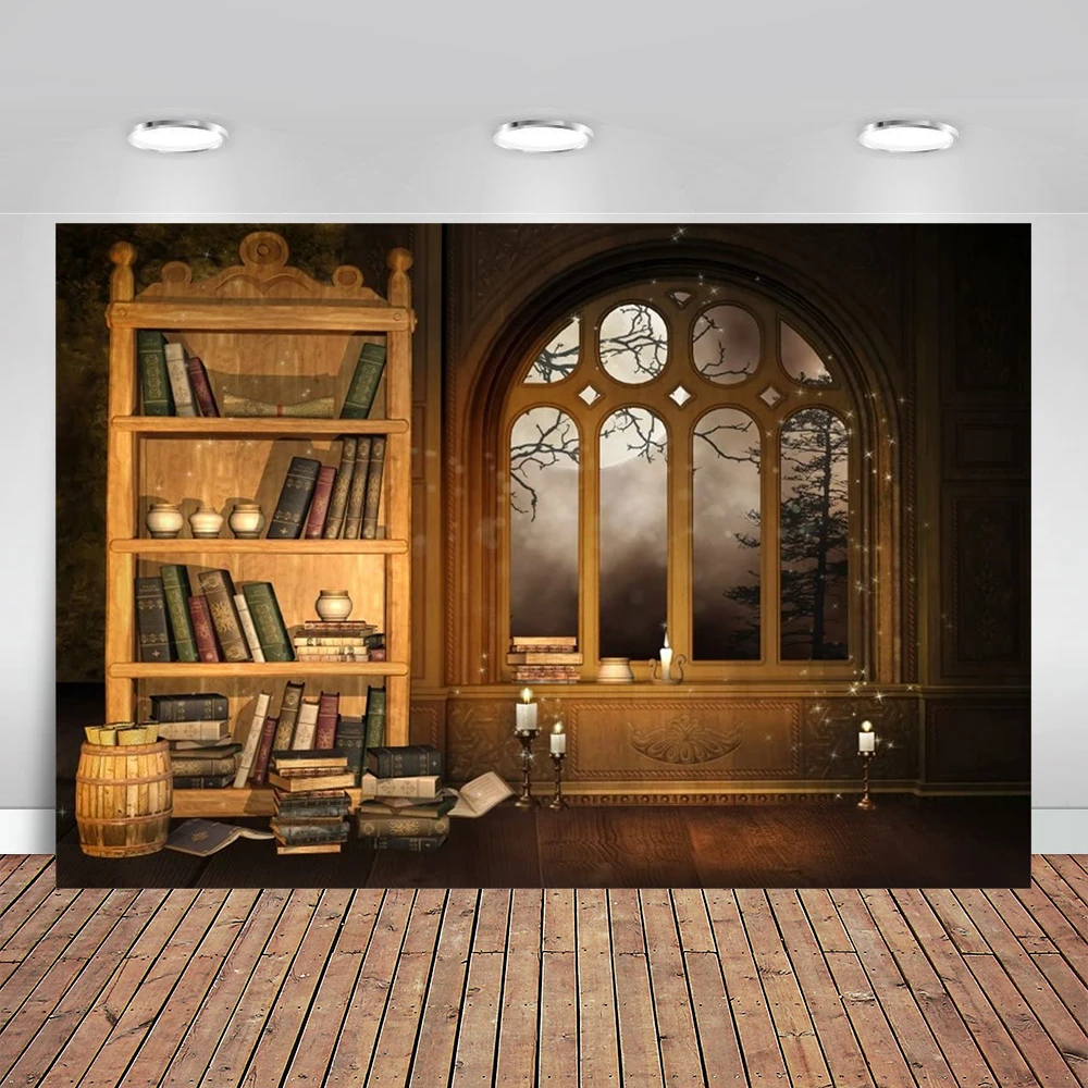 

Vintage Magic Room Photography Background Retro Bookcase Backdrop Old Bookshelf Window Book Candle Moon Night Kid Girl Boy Props