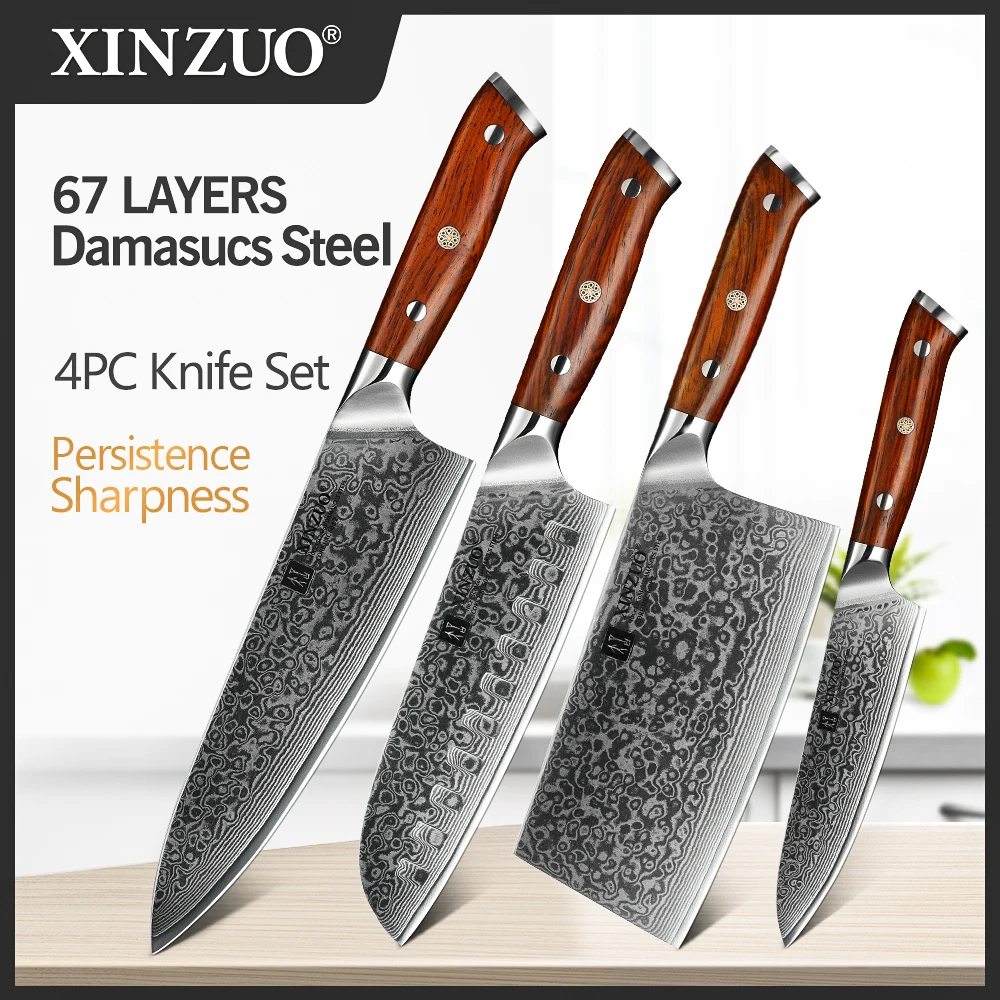

XINZUO 4PC Kitchen Knife Sets vg10 Core Damascus Steel Chef Santoku Utility Cleaver Knives Stainless Steel Slicing Meat Cutlery