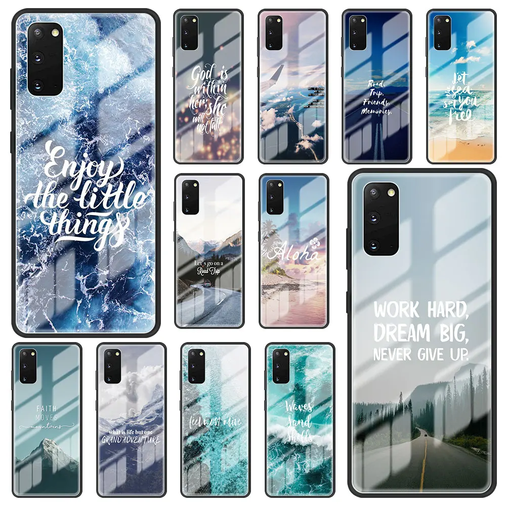

Glass Case Coque For Samsung Galaxy S21 Ultra S20 FE 5G S10e S10 S9 S8 Plus Travel Mountain Sea Beach Quotes Bumper Cover Fundas