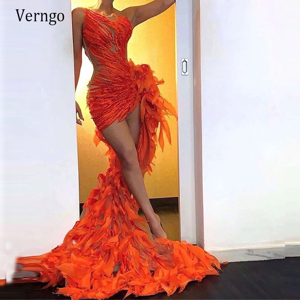 

Verngo Charming Sexy Mermaid Lace Feather Evening Dresses Luxury Orange Short Front Long Back Prom Gowns 2021 Formal Party Dress