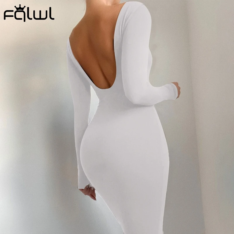 

FQLWL Sexy Clubwear Bodycon Long Sleeve Maxi Dress Women Backless O Neck Brown Pencil Long Dress 2021 Ladies Party Sheath Dress