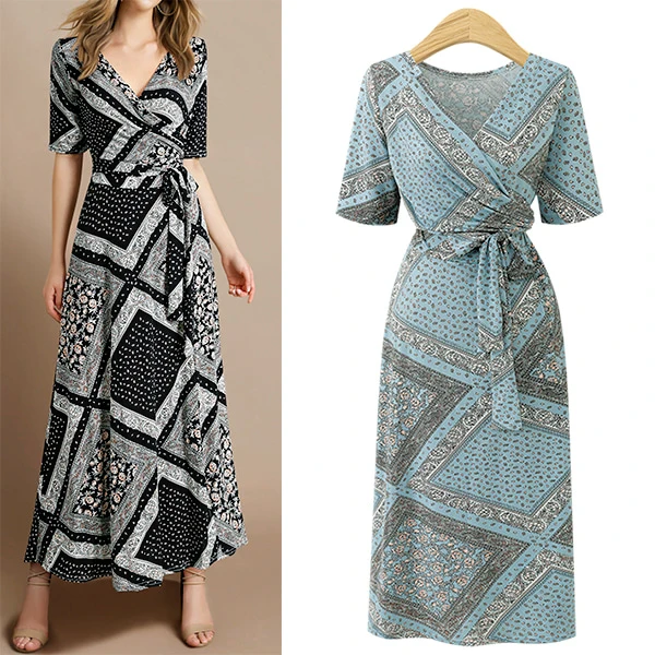 

Fashion women's short sleeve V-neck high waist printed long dress