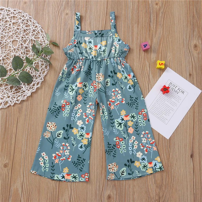 

Summer Outfit Set Kid Baby Girl Clothing Sleeveless Romper Low Cut Elastic Waist Floral Jumpsuit Long Loose Pants Bodysuit