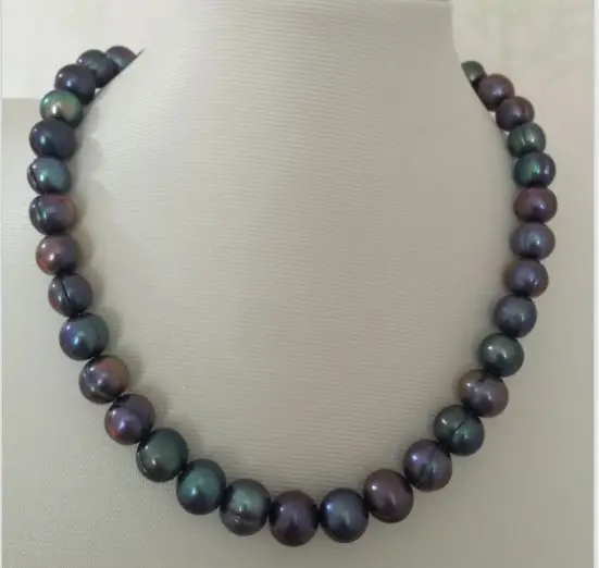 stunning10-12mm tahitian black green pearl necklace 925silver