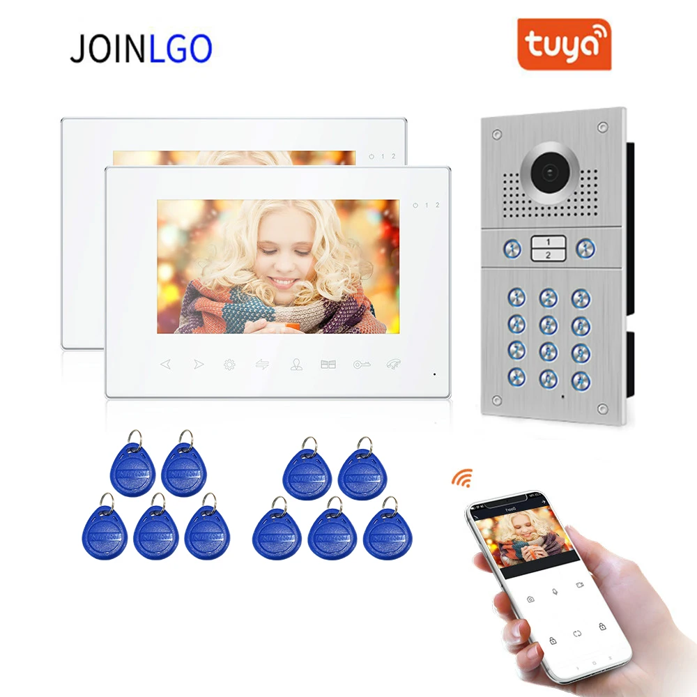 

WIFI 720P AHD 7" Record Monitor Video Doorbell Door Phone Intercom System RFID Code Keypad Camera Remote Unlock For 2 Apartments