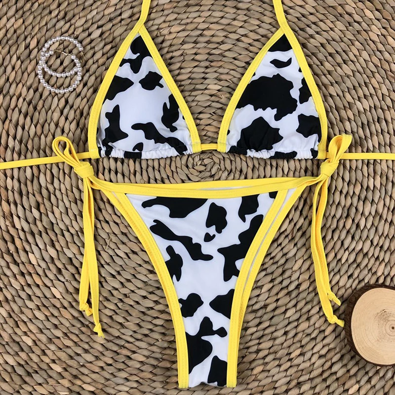 

Cow Print Bikini Micro Low Waist Swimwear Bandage Swimsuit Halter Bikini Backless Beachwear Bahing Suit Women Thong Biquini