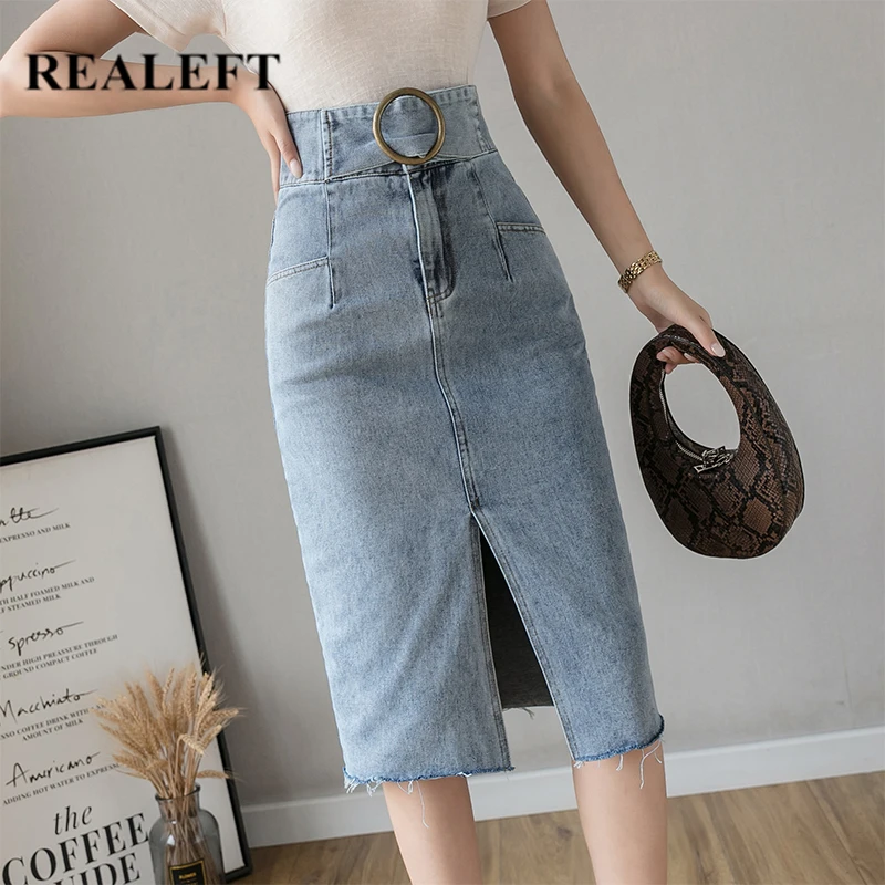 Женская джинсовая юбка карандаш REALEFT средней длины с высокой талией и кольцом на