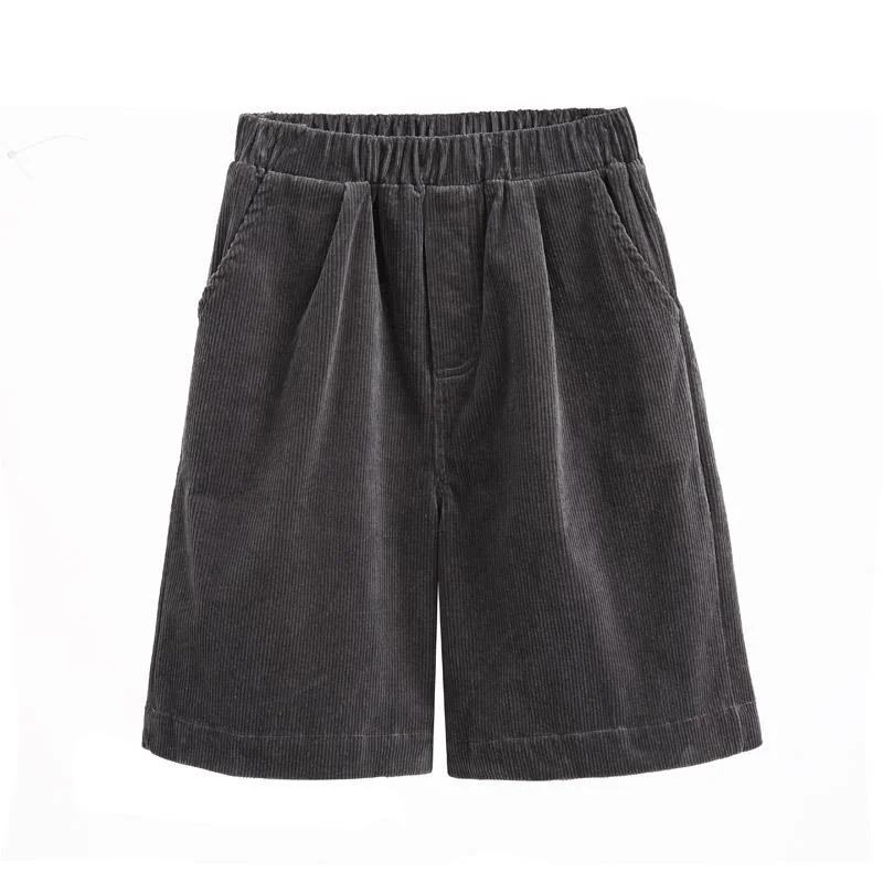 

Autumn Winter High Waist Straight Corduroy Loose Wide Leg Shorts Women Streetwear Knee Length Casual Ladies Black Shorts C6784