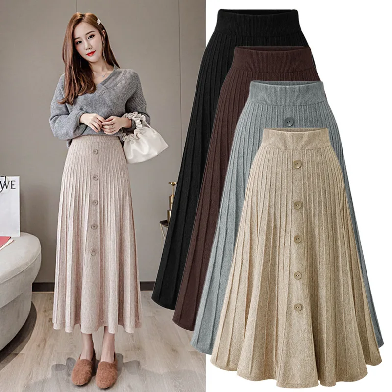 

Half-length women's mid-length dress autumn and winter single-breasted A-shaped large pendulum pit high waist knit pleated skirt