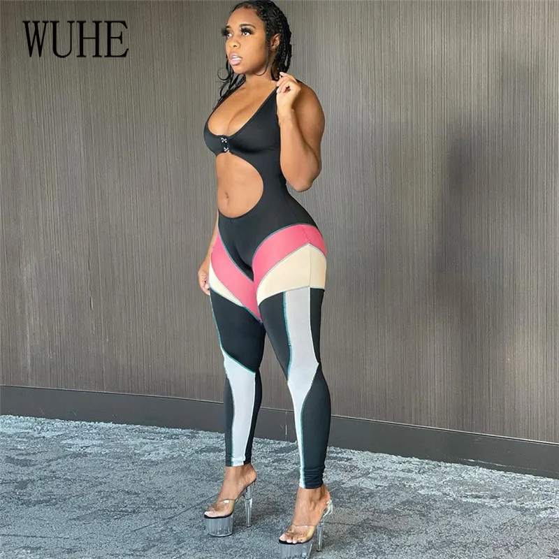 

YEYA Print Stitching Multicolor Jumpsuit Sleeveless Off Shoulder Hollow Out Sexy Deep V Neck Package Hip Skinny Club Streetwear