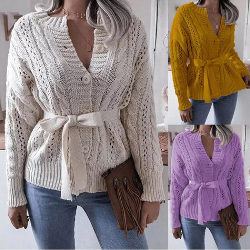 

Women's 2022 New Women's Korean Version of The Twist Buttoned Waist Knitted Cardigan Sweater Thick Short Jacket with Belt