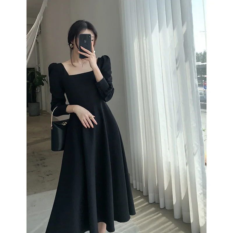 

2021 Autumn Women Vintage Black Long Sleeve Midi Dress Square Collar Elegant Party Dresses Chic Trendy Kpop Clothes
