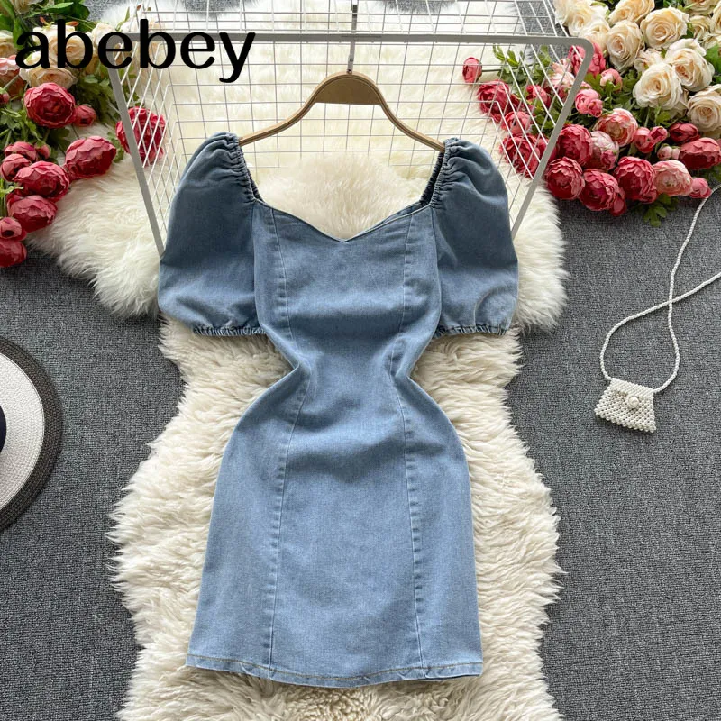 

Women Design Korean Dress Elegant V Neck Denim Slim Party Dresses Summer Sexy Dress