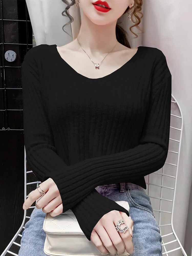 V-neck short sweater women's autumn winter long sleeve 2021 new sweater lazy Pullover bottomed shirt chic top