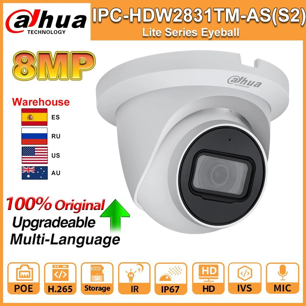 Dahua оригинальная 8MP 4K HD ip камера IPC HDW2831TM AS S2 PoE IR 30m WDR IP67 H.265 Mic IVS сетевая