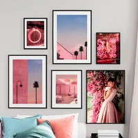 pink theme wall art canvas painting city flower girl poster building landscape photo nordic home room decor pictures no frame