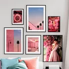 Настенная Картина на холсте с розовой тематикой, постер с городским цветком и девушкой, строение, пейзаж, фото, декор для комнаты в скандинавском стиле, картины без рамки