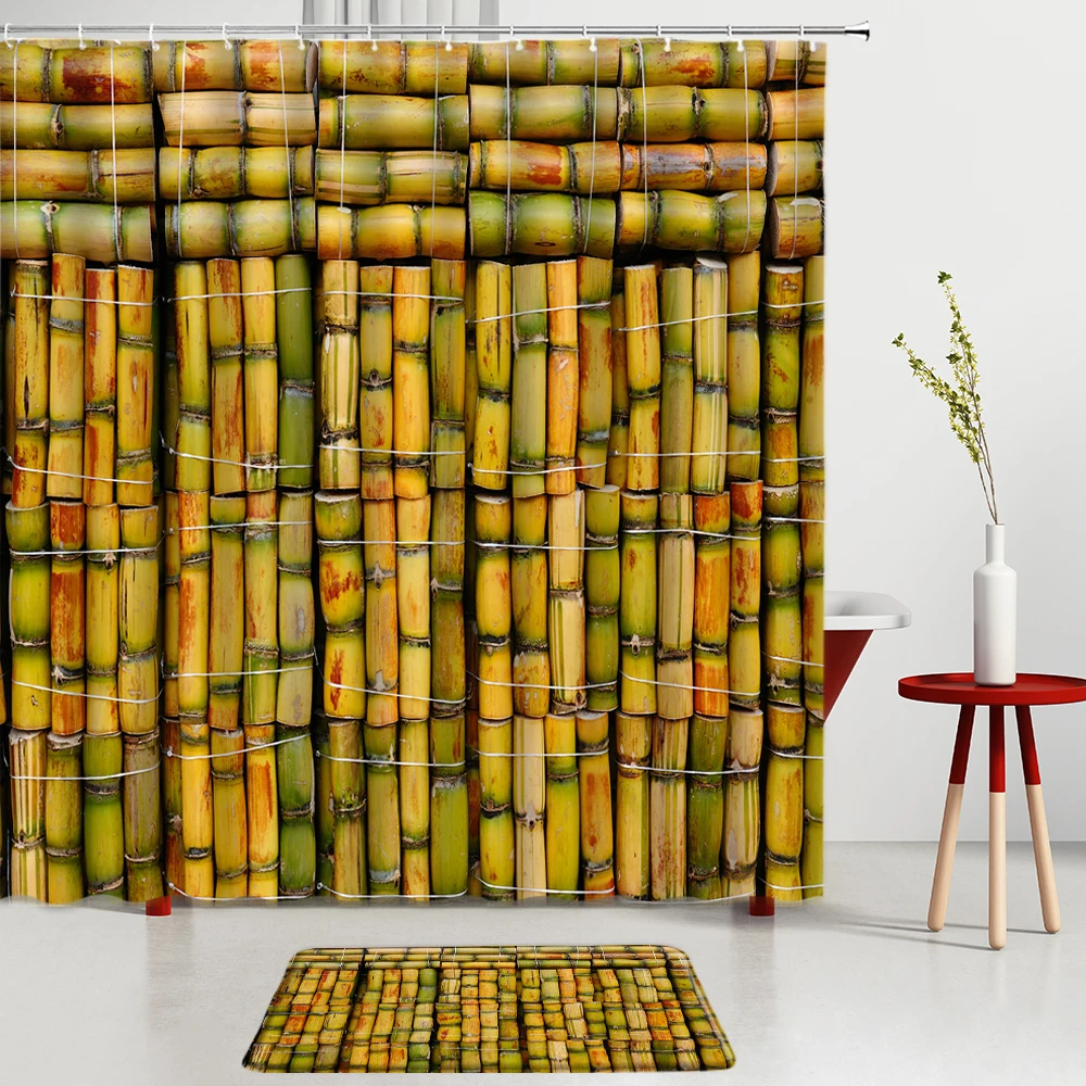 

Chinese Style Bamboo Shower Curtains Set Yellow Green Print Bath Mats Entrance Door Mats Bathroom Rug Kitchen Room Decoration