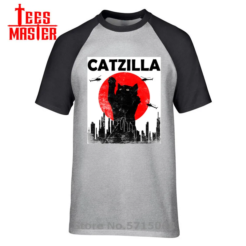 Newest Catzilla T Shirt Japanese Sunset Style Cat Vintage Kitten Lover Gift Tshirt Crewneck Soft Black Harajuku Cotton Tops Tees | Мужская