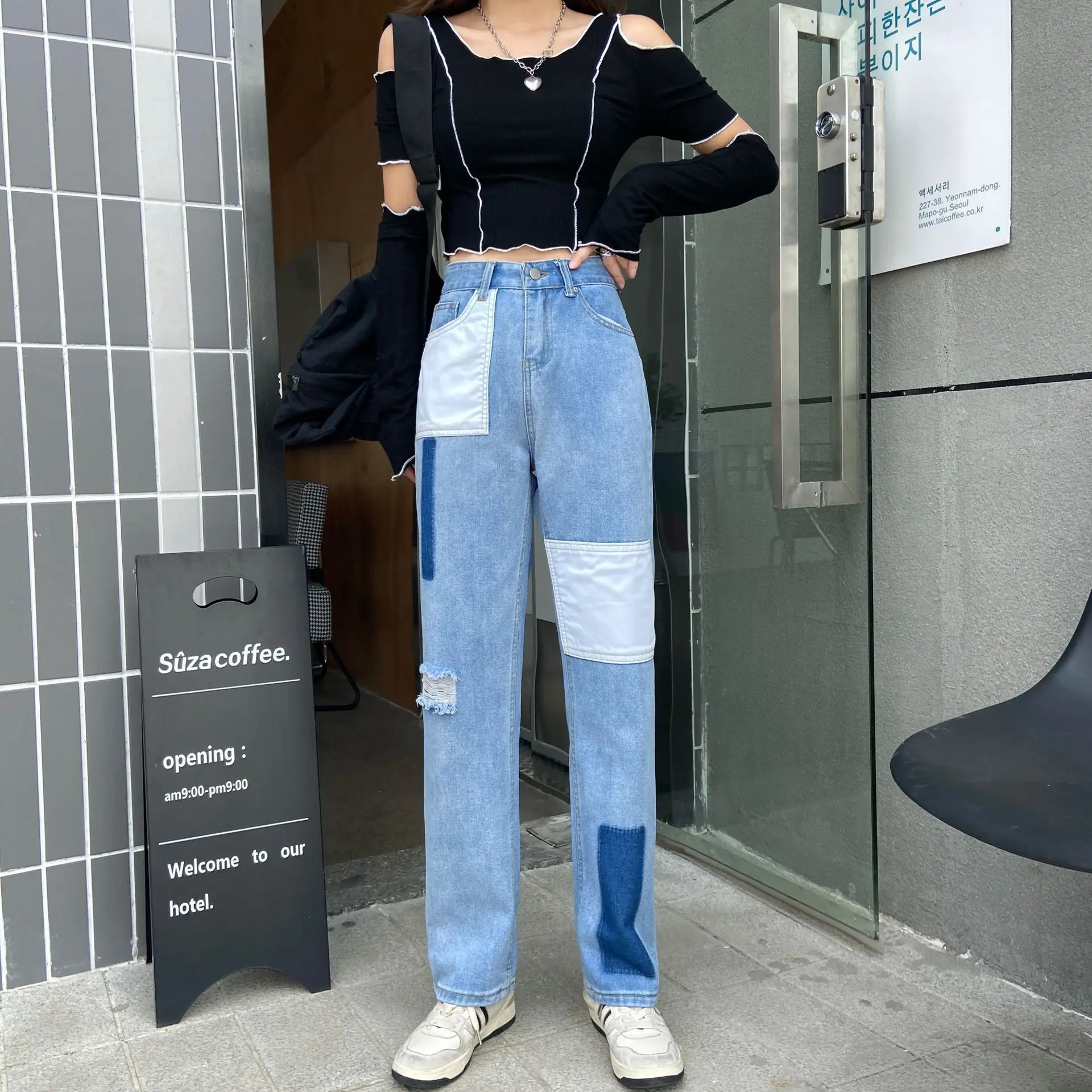 

High Waist Wide Leg Jean Female 2021 Summer Thin Slim Loose Straight Denim Pants Clash Patch Holes Jeans Women