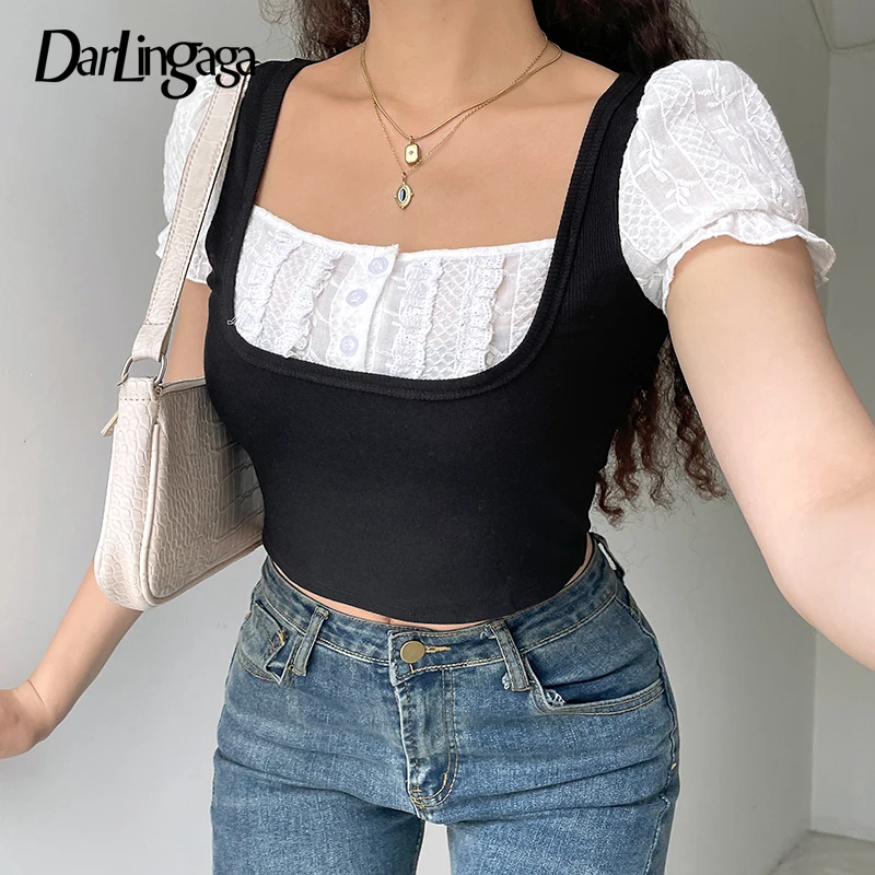 

Darlingaga Y2K Cute Black White Patchwork Frill Crop Top Summer T-shirts for Women Harajuku Sweet Square Collar Tee Basic Cloth