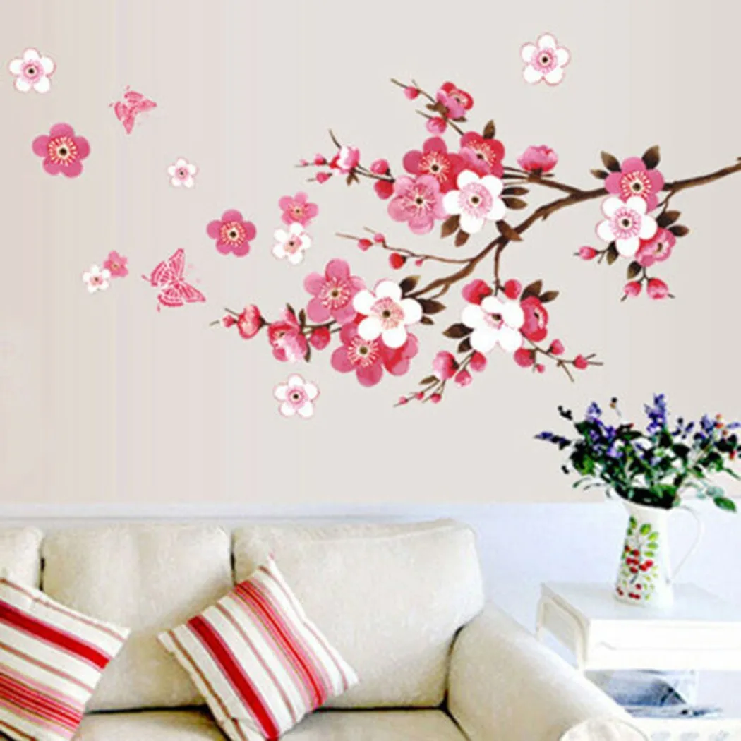 

PVC Wall Stickers Home Decoration Large Peach Blossom Flower Butterfly Wall Stickers Wall Decals For Living Room Bedroom