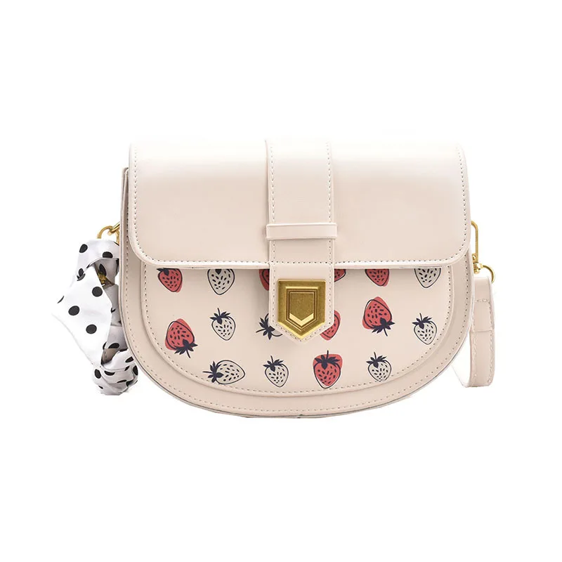 

2021 New Arrivals Women's Cross Body Bag For Female PU Leather Solid Color Strawberry Motif Design Shopping Style Saddle Bag