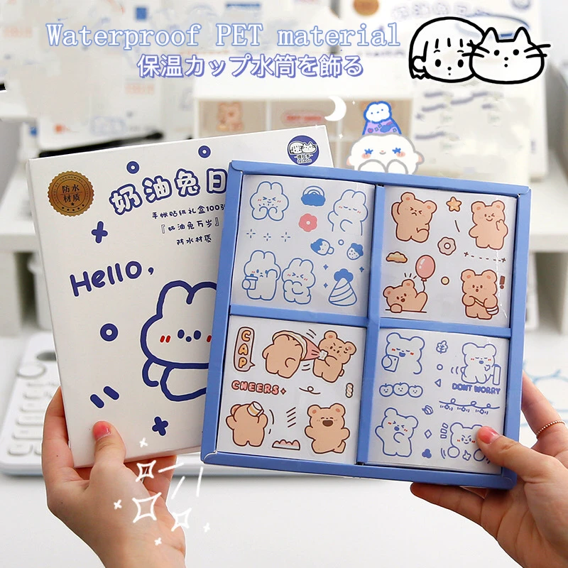 Yisuremia New Arrival 100pcs Kawaii Rabbit Bear Stickers Set Decorative Diary Scrapbook Ipad Cartoon PET Stationery Sticker Gift