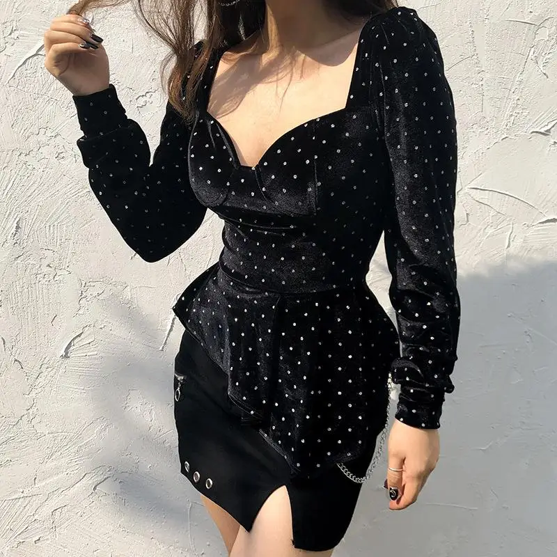 Rhinestone Deep V Sexy T-Shirt Women Harajuku Long Sleeve Tops Bodycon Backless Tshirt Slim Tee | Женская одежда