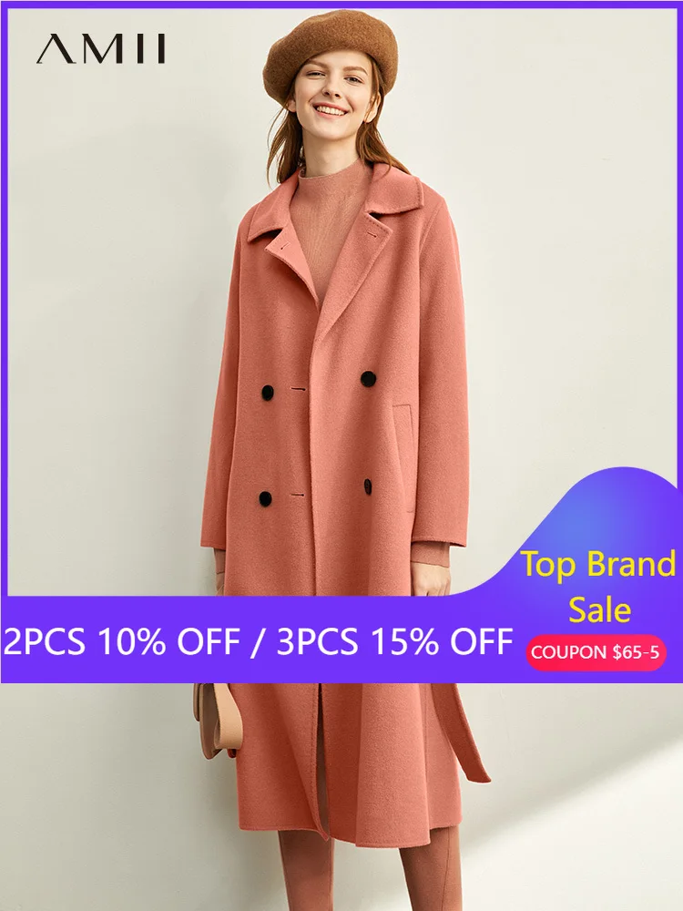 

Amii Hepburn all wool double faced woolen overcoat women's new 2019 winter black loose wool long coat 11980086