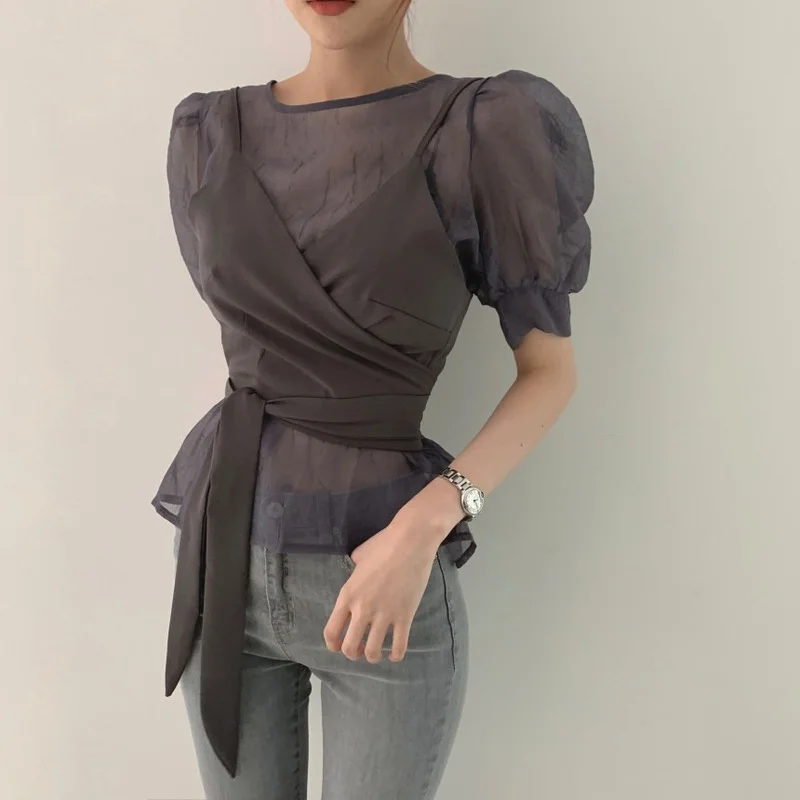 

Womens Two Piece Set See Through Puff Sleeve Shirts Lace Up Slim Waist Sling Tops Fashion Suit Femme elegant shirt