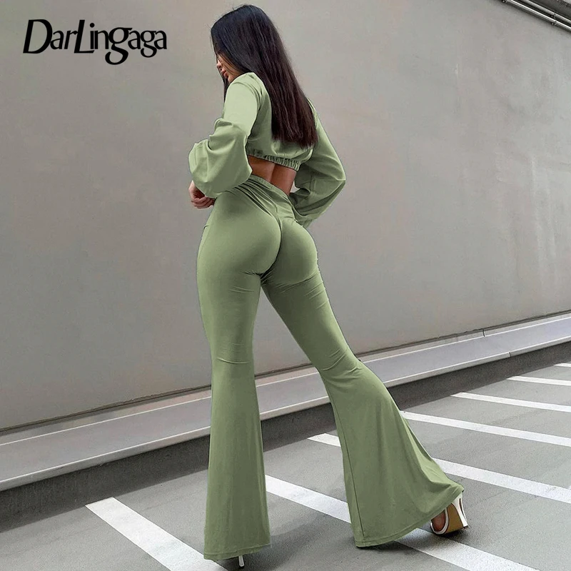 

Darlingaga Fashion Green Skinny High Waist Flare Pants Women Solid Basic Full Length Trousers Ladies Sexy Wide Leg Pants Clothes