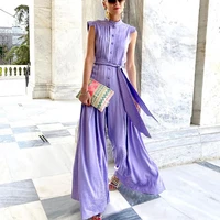 fashion stand collar chiffon button printed lace up wide leg pants jumpsuit elegant slim sleeveless summer loose party jumpsuits