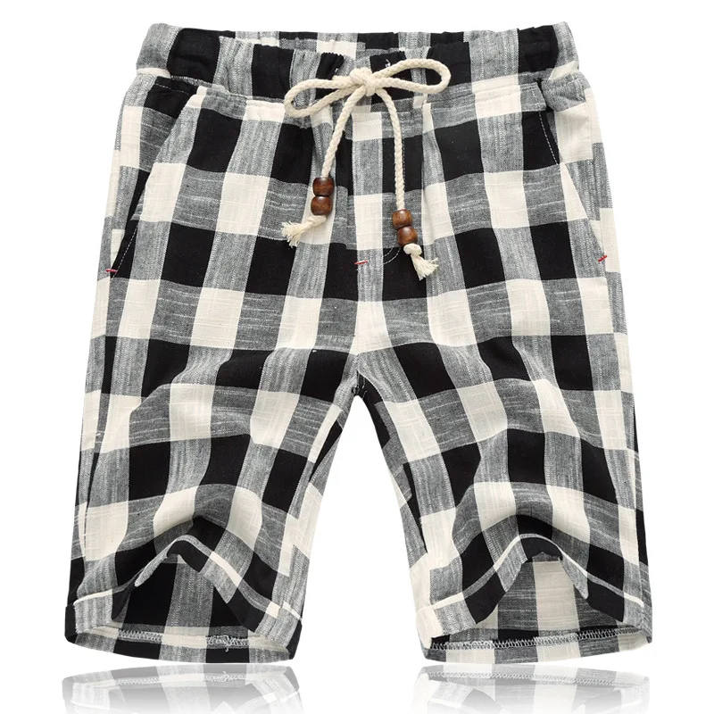

Summer New Cotton Linen Casual Shorts Men Grid Hot Mens Bermudas Shorts Comfortable Male Beach Shorts
