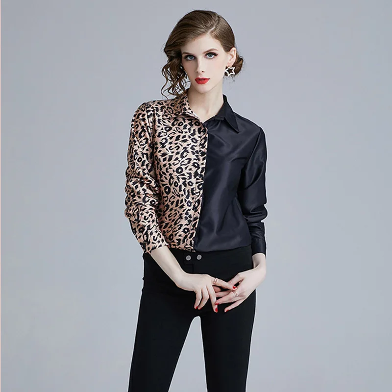 Женские блузки 2019 Модные леопардовые Лоскутные Длинные рукава отложной воротник
