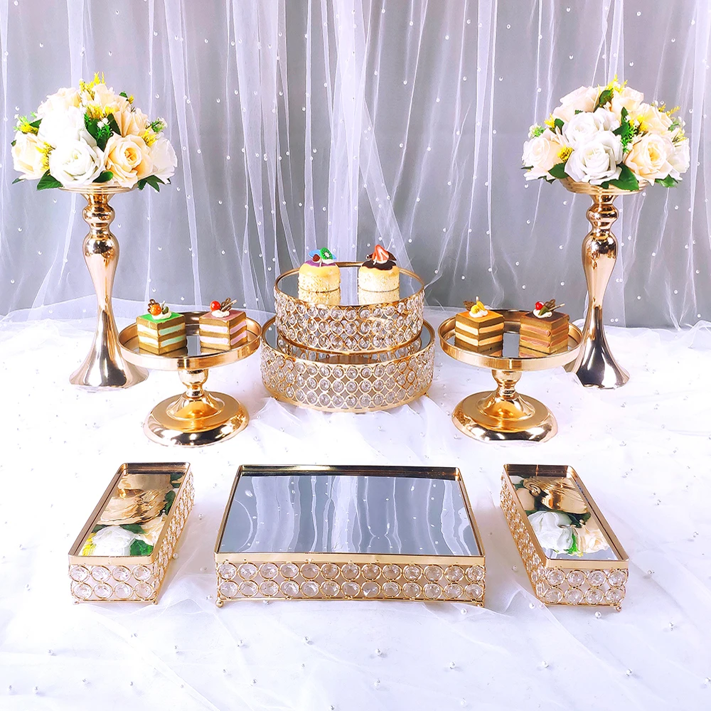 Espejo de decoraci&oacute;n de boda, soporte de pastel de Metal dorado, expositor de magdalenas de 3 niveles, 8-13 piezas-2