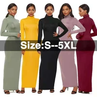 fashion solid color dress long sleeved stretch trim high necked casual office autumn spring female long skirt
