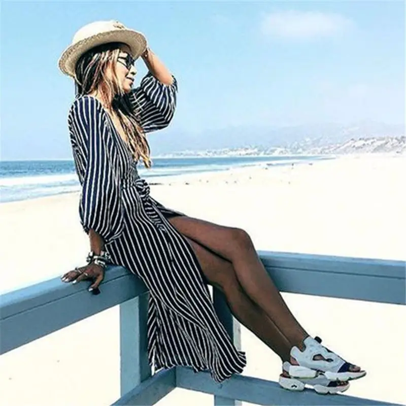 Женское асимметричное платье в полоску элегантное пляжное миди с разрезом