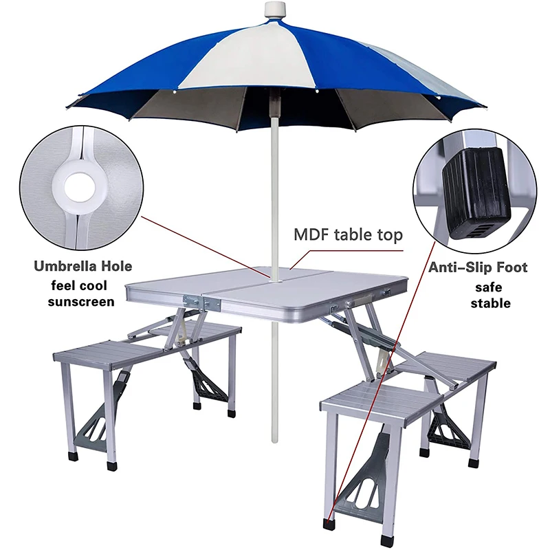 저렴한 휴대용 접이식 알루미늄 가방 테이블 의자 세트, 캠핑 피크닉 테이블 4 좌석 우산 구멍 파티 바베큐 해변 낚시