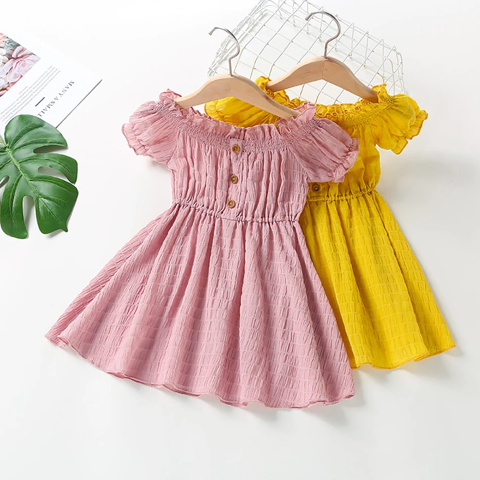 

Children Dresses Kids Girl Puff Sleeves Lace Cotton and Linen Button Dress Baby Spring Summer Dresses for Girls