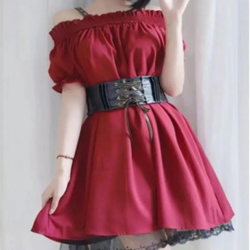 red dress Японское готическое платье в стиле Лолиты с высокой талией в стиле ретро милое платье Kawaii с коротким рукавом и оборками с открытыми плечами кружевное женское платье - Цвет: red dress